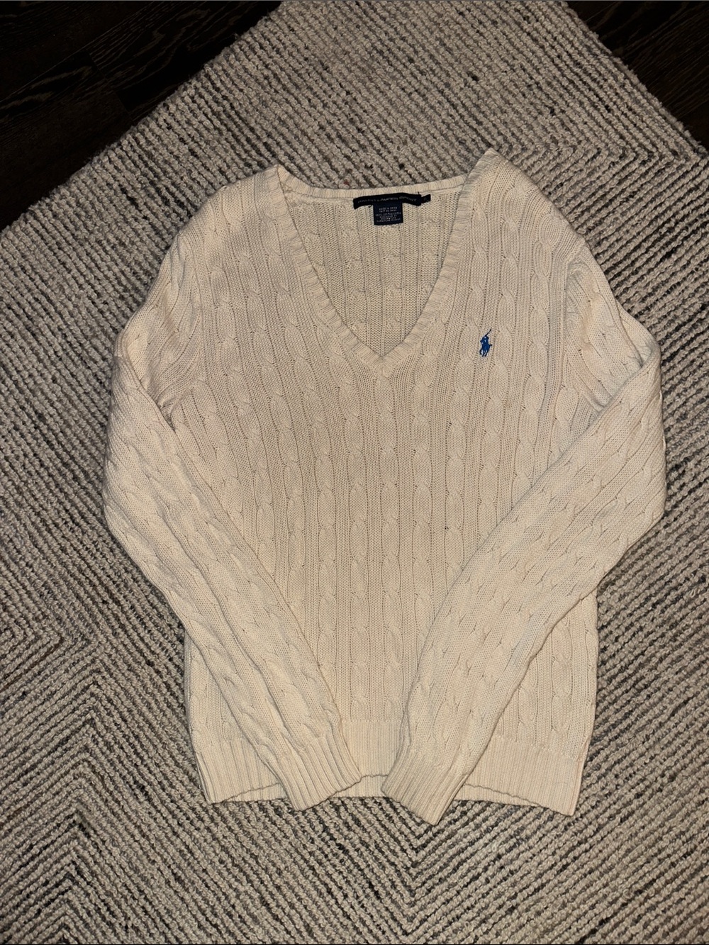 Ralph Lauren Cream Cable-Knit V-Neck Sweater with Blue Pony Logo